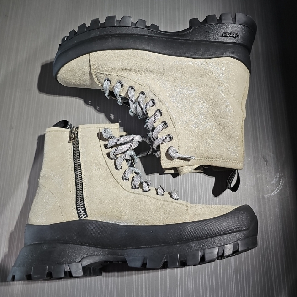 P448 Women Denise Beige Glitter Platform Lace-up Vibram Combat Boot 36 US 6 NWOT - Picture 6 of 11